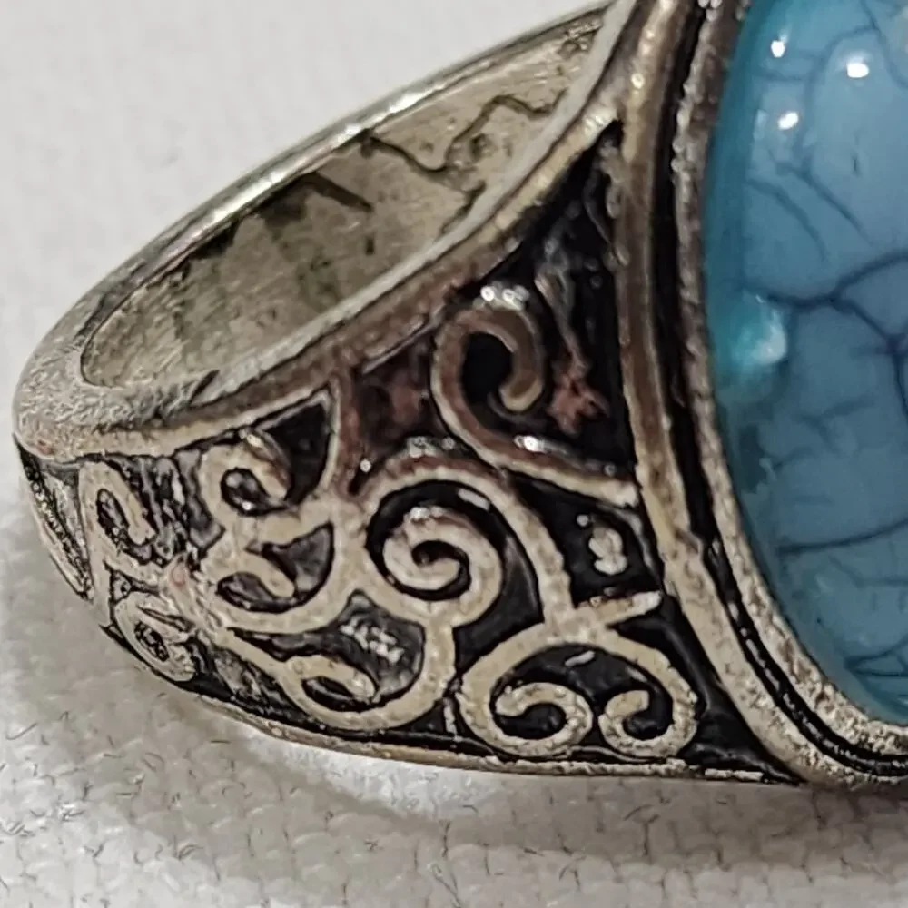 Mens Sz 8 Signet Ring Faux Simulated Turquoise Stainless Steel Ornate Scrollwork